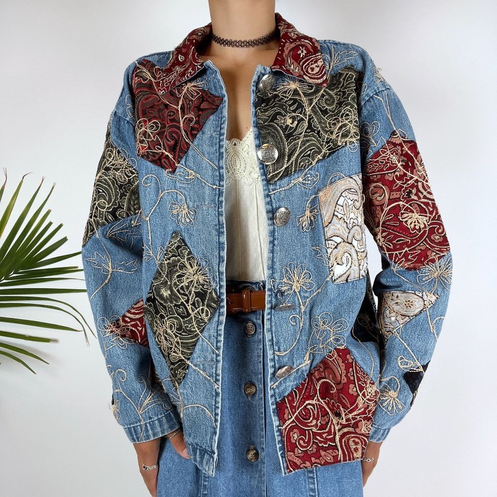 Vintage 90s Boho Patchwork Denim Oversized Jean Jacket / Size: Medium - Picture 4 of 7